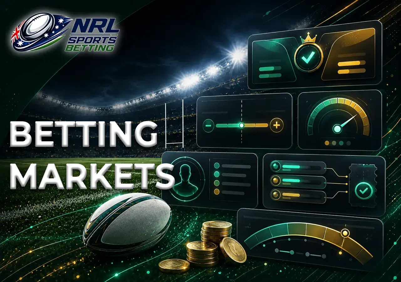 Popular rugby league markets with betting slips, line options, totals and try-scorer cues